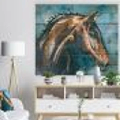 Brown Horse on Blue Watercolor Wood Wall Art