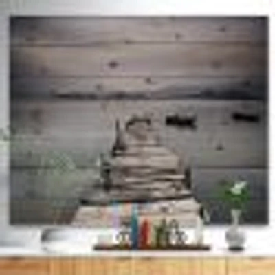 Pier and Boats at Seashore Wood Wall Art