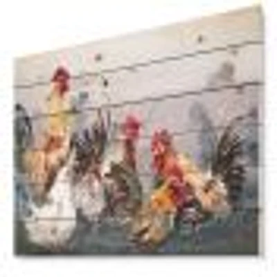 Group of Rooster Gray Farm background Wood Wall Art