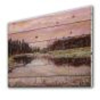 Still Life With Pink Sky River Reeds And Forest Wood Wall Art