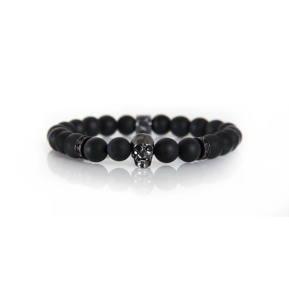 Bracelet onyx noir avec accent crâne gris acier par Luenzo