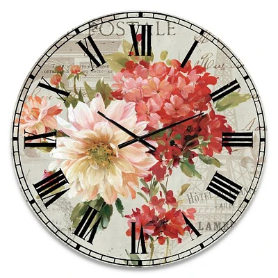 Flowers on Vintage Postcard I Metal Wall Clock