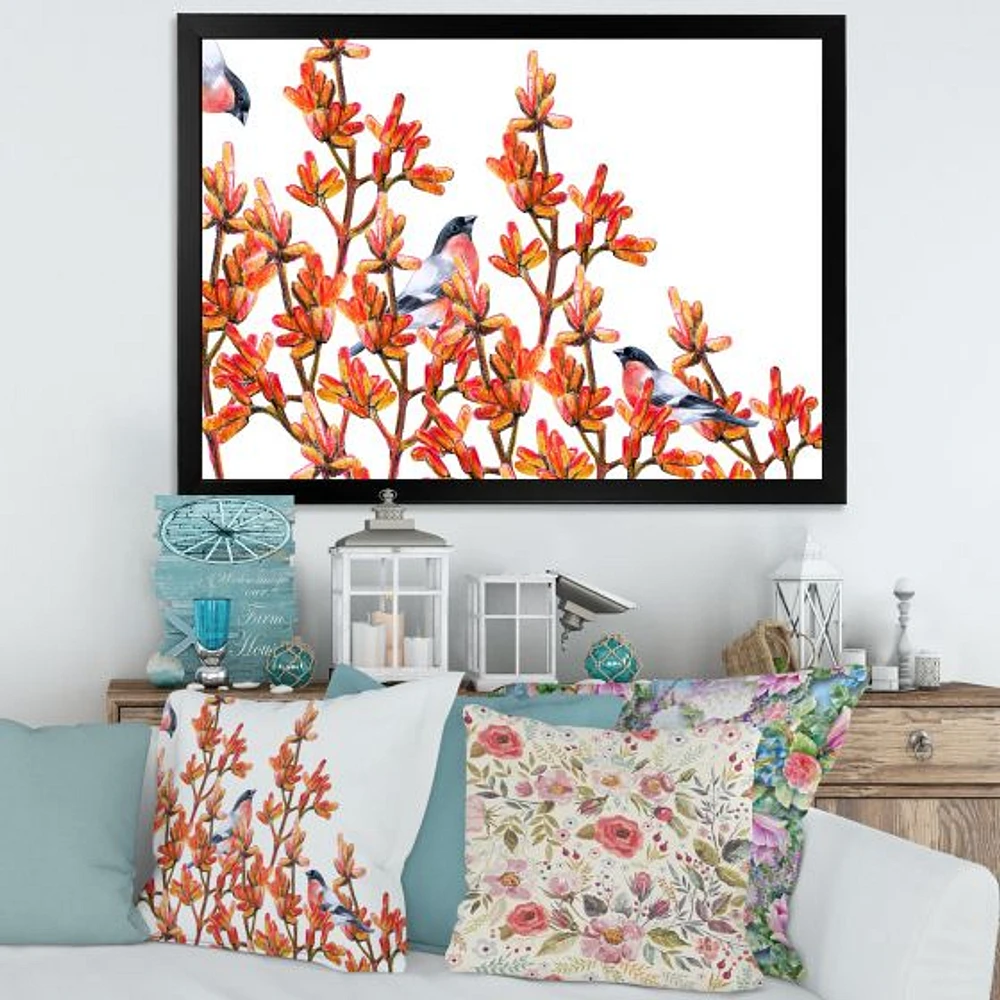 Toile « Flock of Bullfinches Birds on Orange Branches