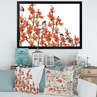 Flock of Bullfinches Birds on Orange Branches Wall Art