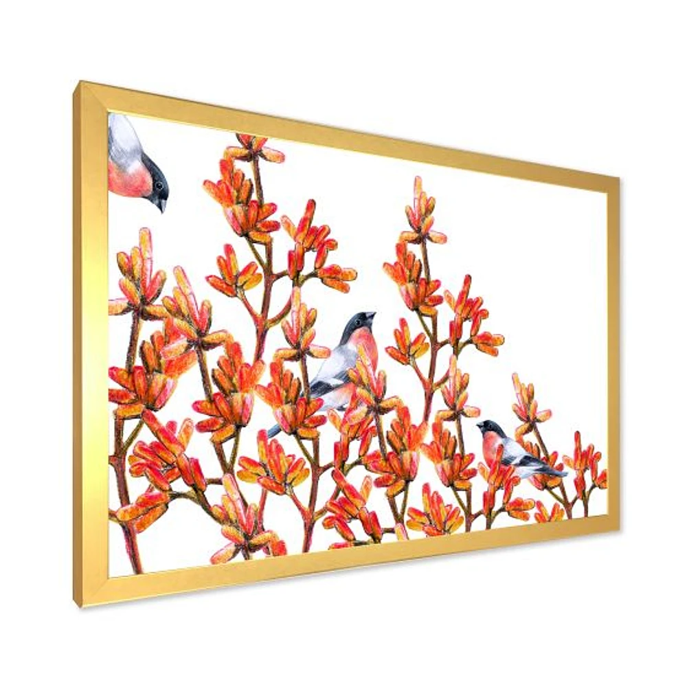 Toile « Flock of Bullfinches Birds on Orange Branches