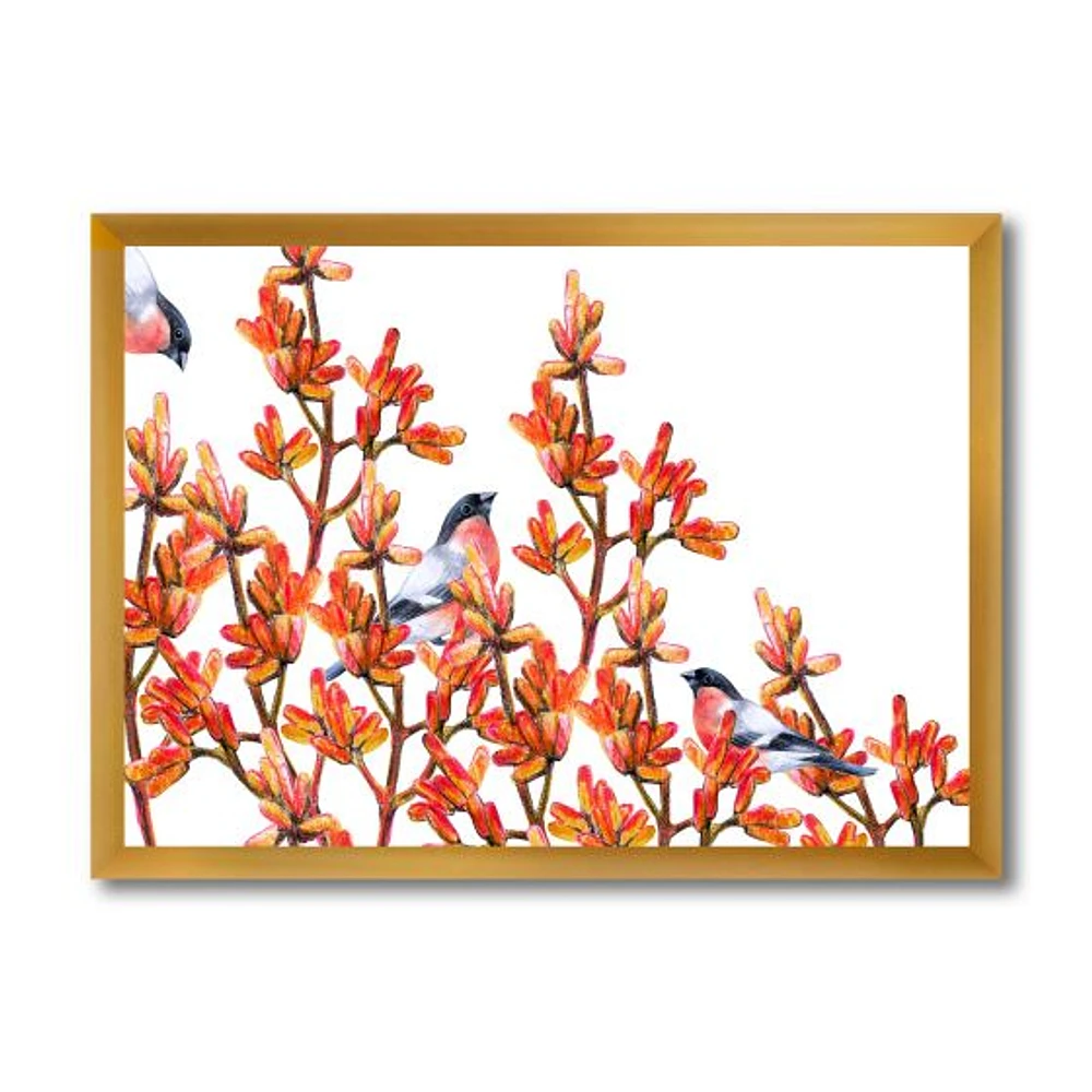 Flock of Bullfinches Birds on Orange Branches Wall Art