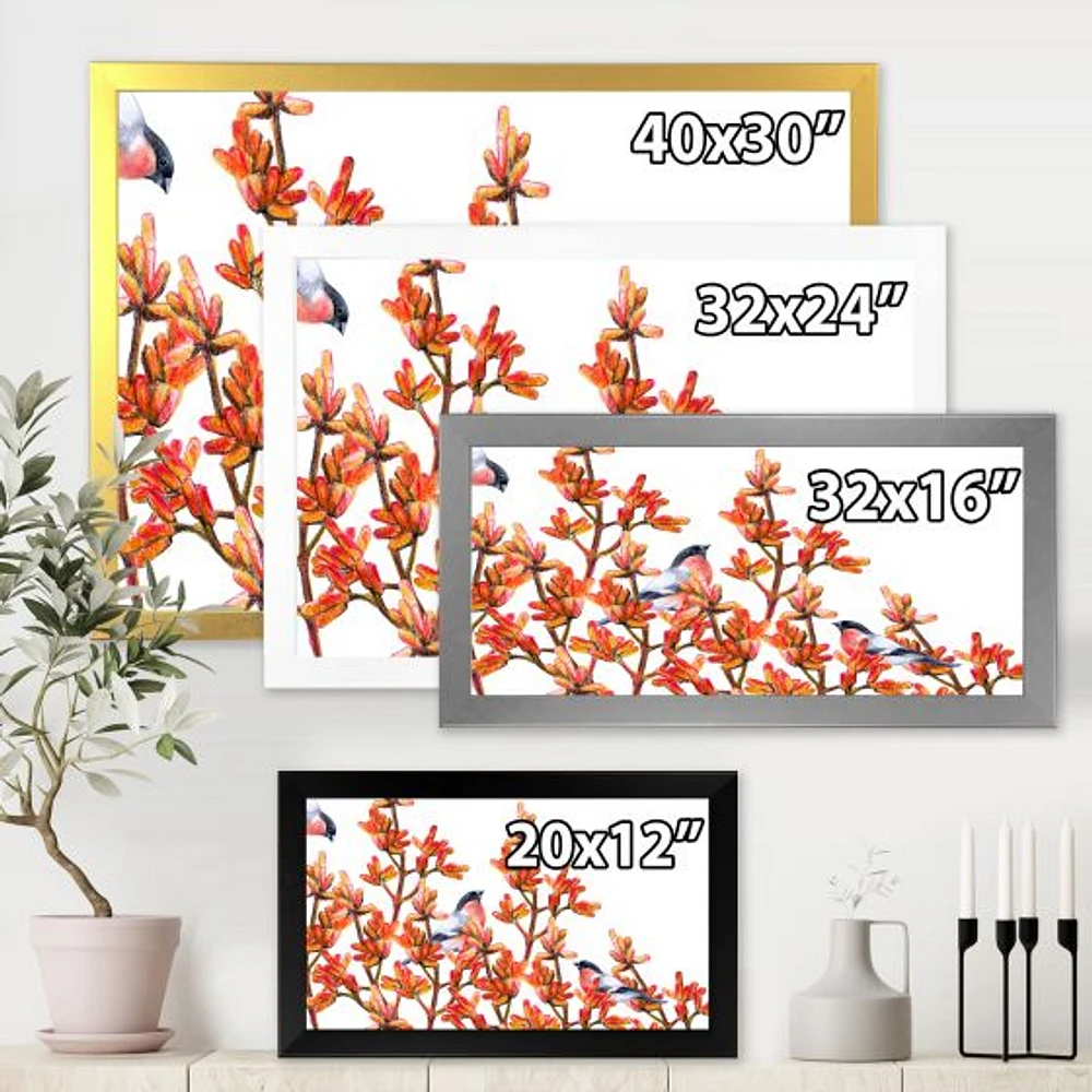 Flock of Bullfinches Birds on Orange Branches Wall Art