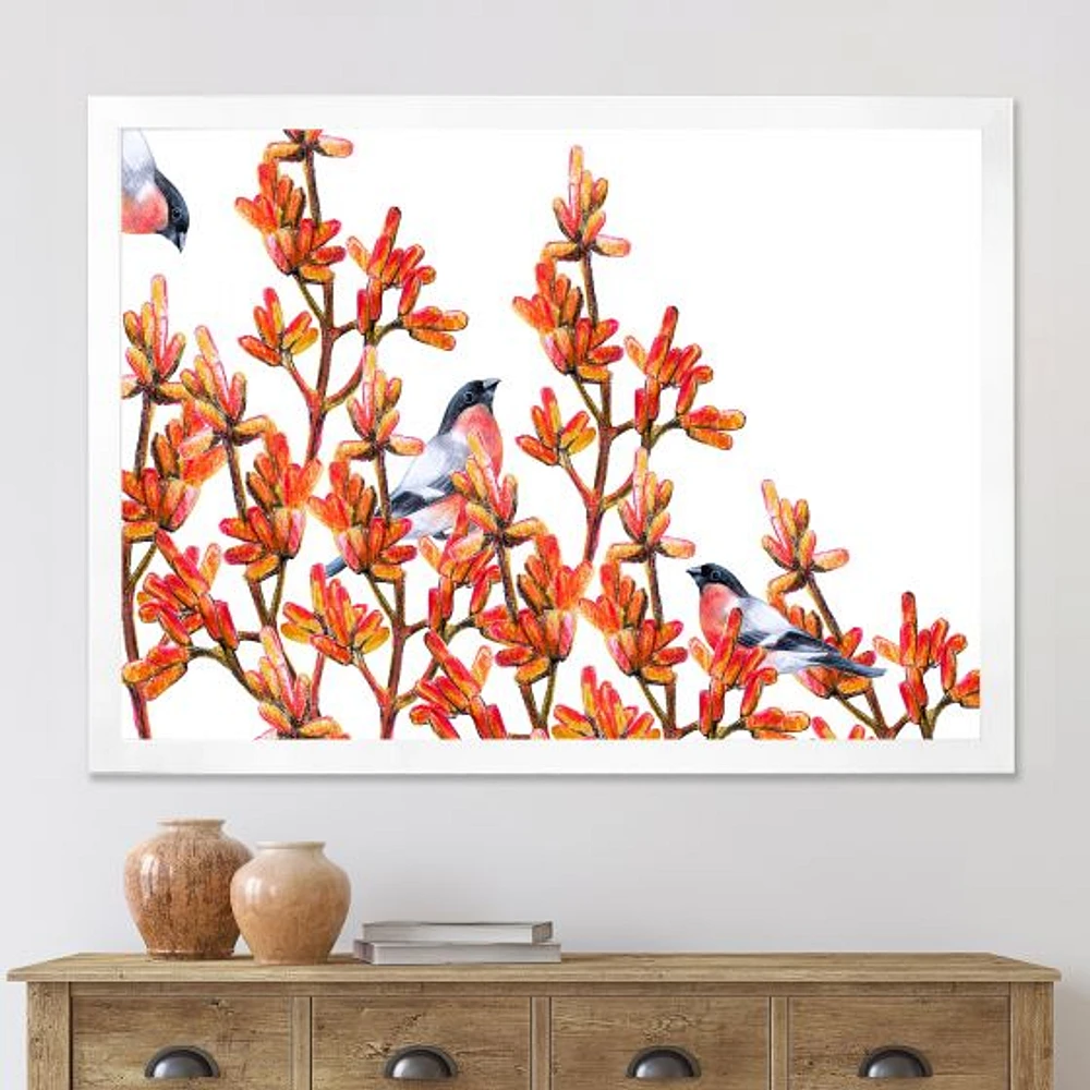 Flock of Bullfinches Birds on Orange Branches Wall Art