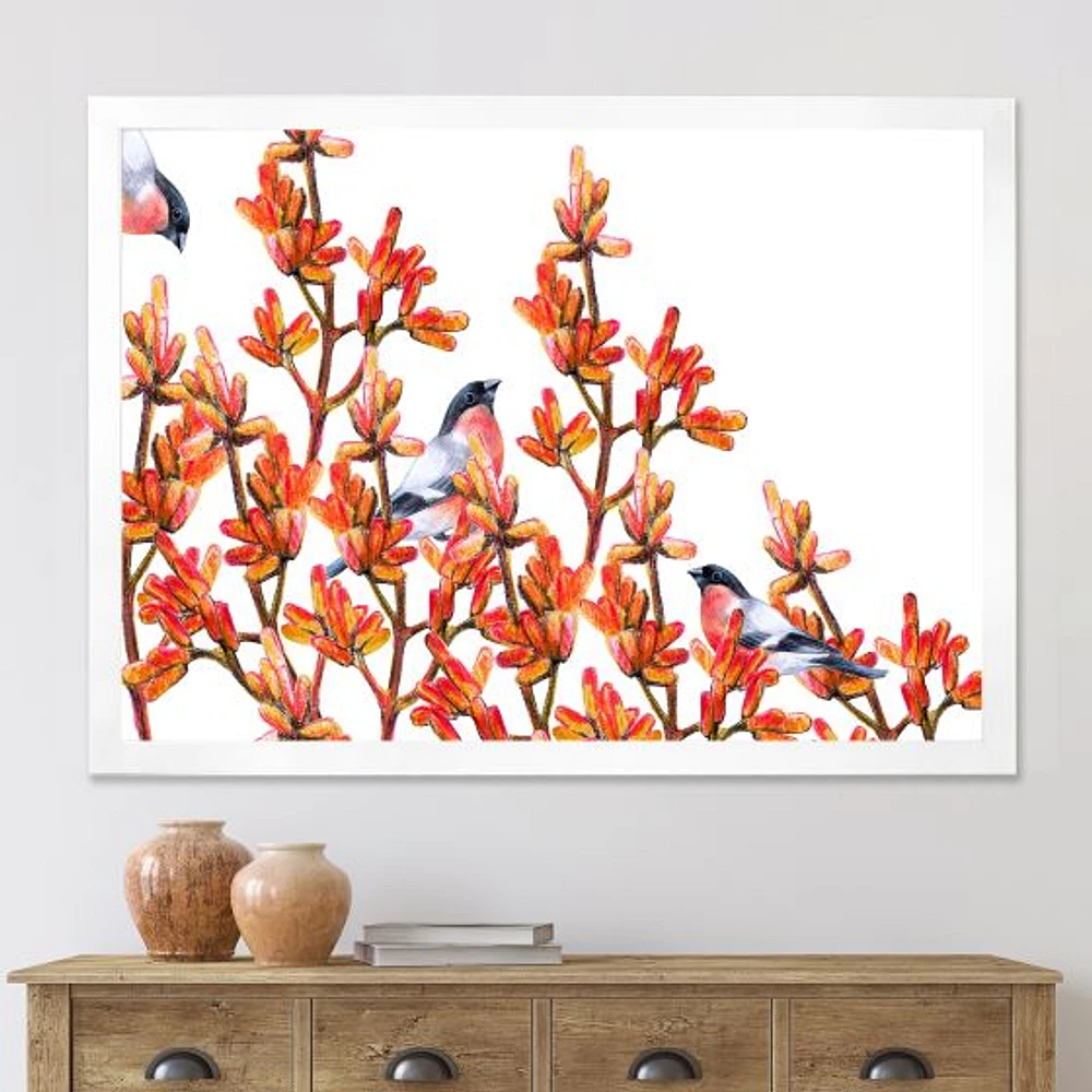 Toile « Flock of Bullfinches Birds on Orange Branches