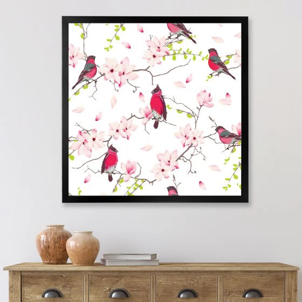 Red Bullfinches on Magnolia Tree  Wall Art