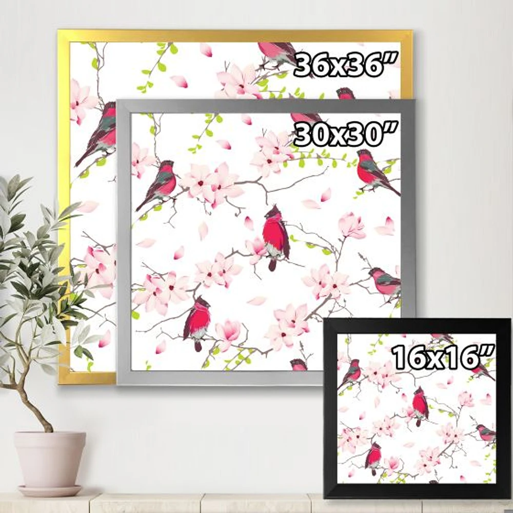 Toile « Red Bullfinches on Magnolia Tree