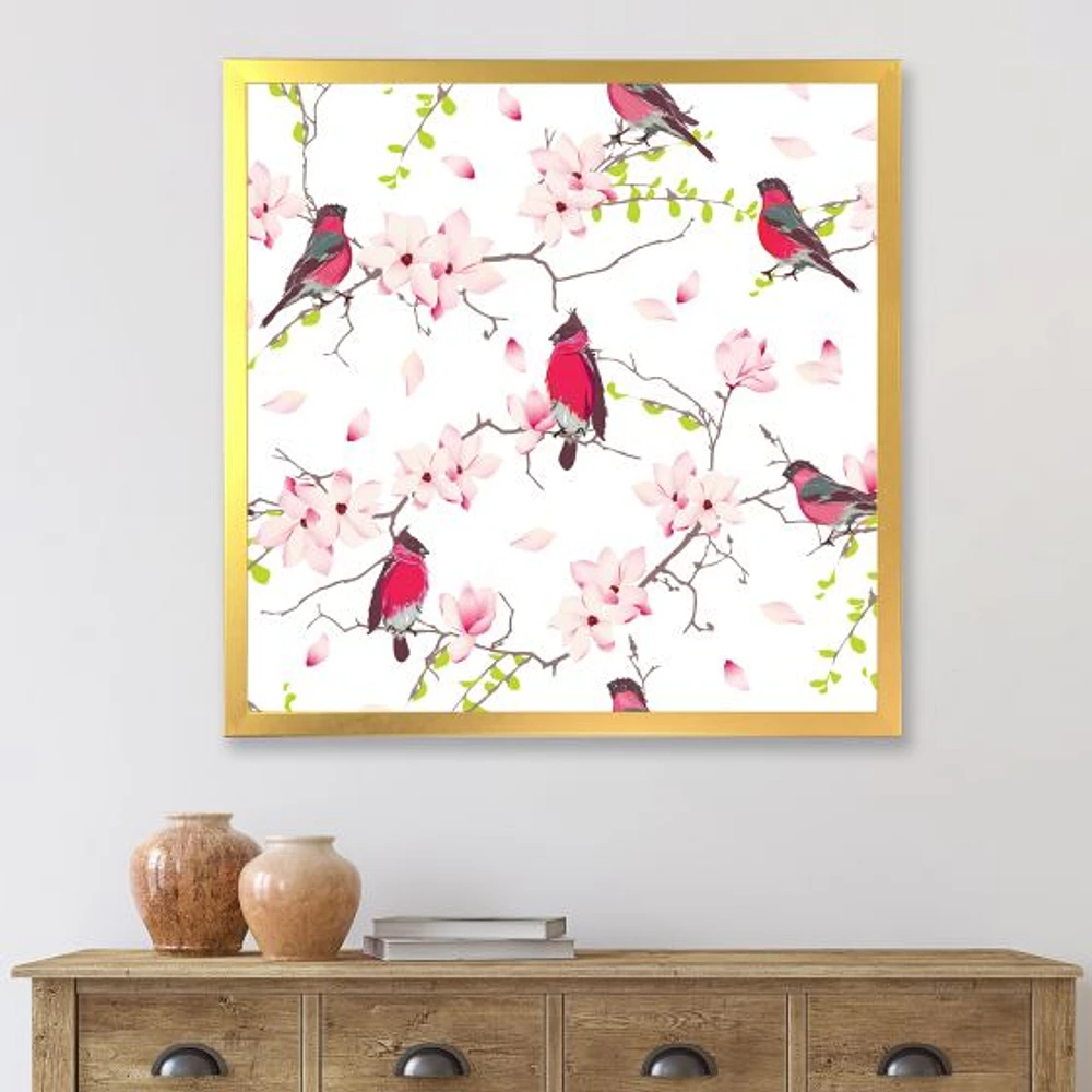 Red Bullfinches on Magnolia Tree  Wall Art