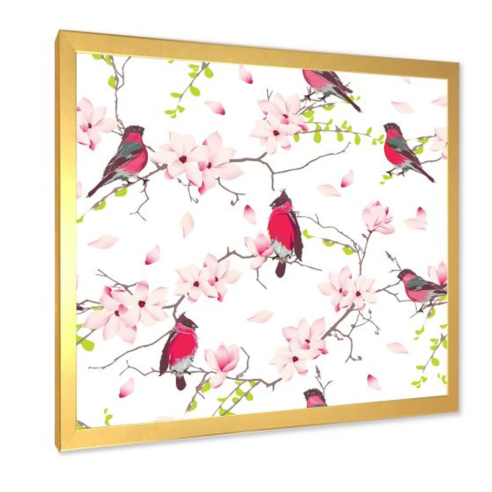 Toile « Red Bullfinches on Magnolia Tree