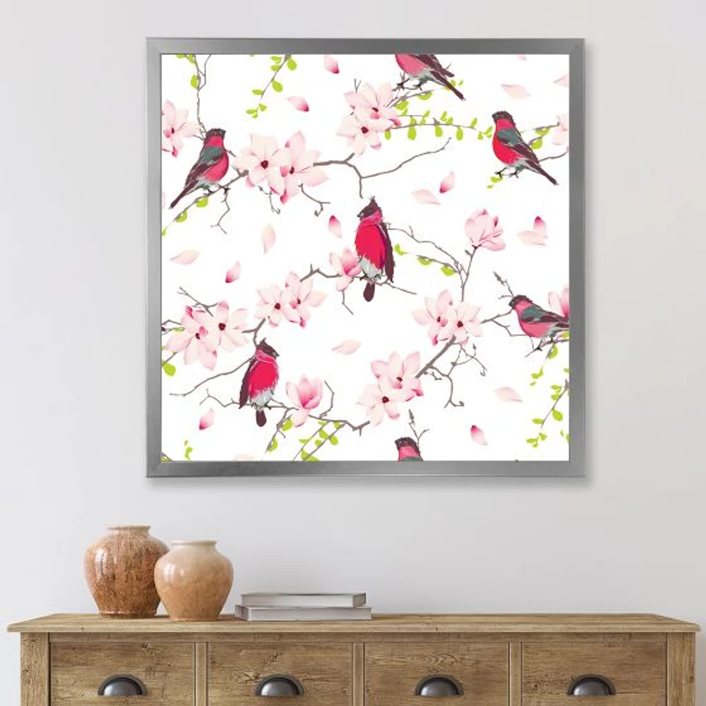 Red Bullfinches on Magnolia Tree  Wall Art