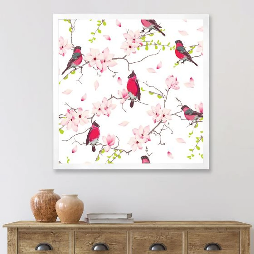 Red Bullfinches on Magnolia Tree  Wall Art