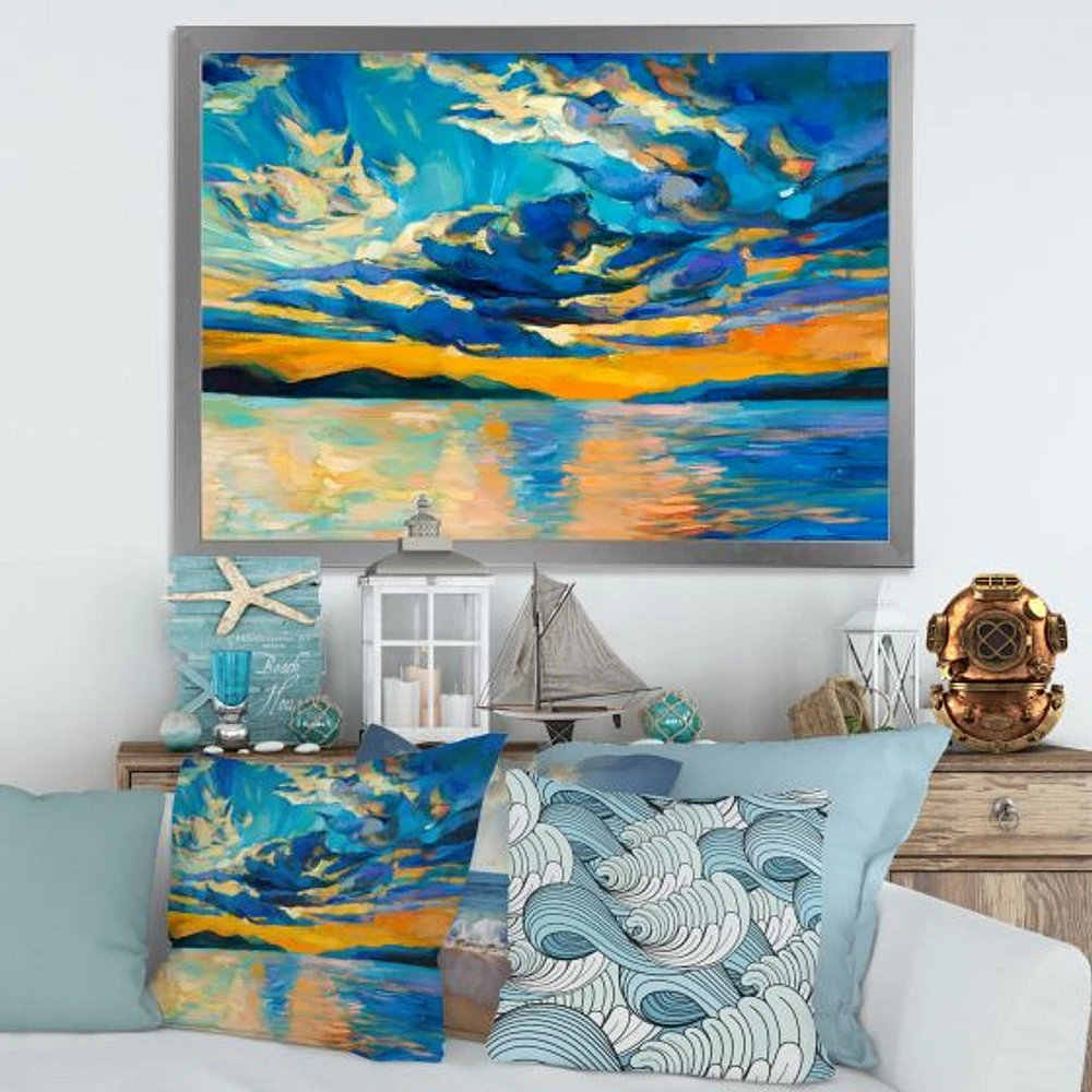 Cloudy Wide Open Sunset Over Ocean Horizon  Wall Art