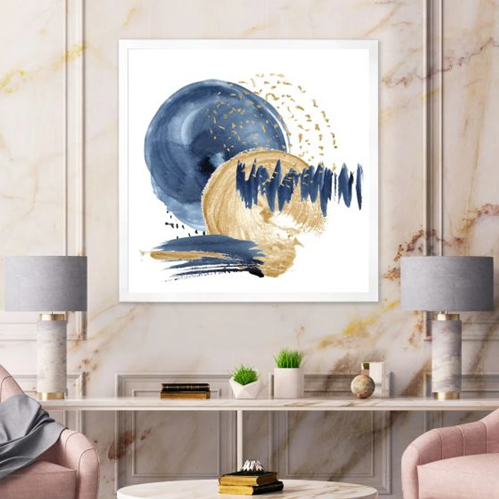 Dark Blue & Gold Abstract Circle Ocean Texture  Wall Art