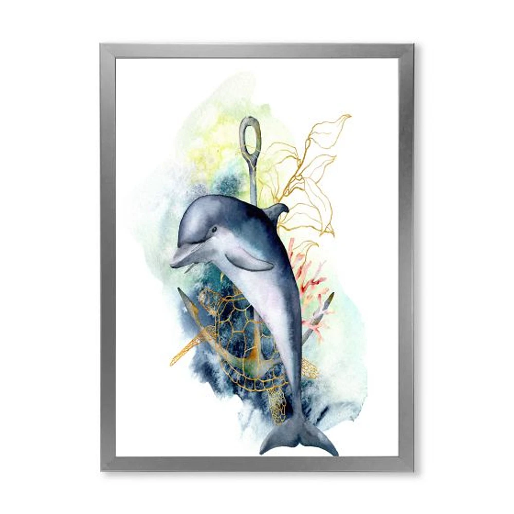 Dolphin Turtle Anchor & Linear Coral Reef Plants  Canvas Wall Art Print