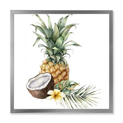 Pineapple with Coconut Plumeria and Palm Leaves  Canvas Wall Art Print