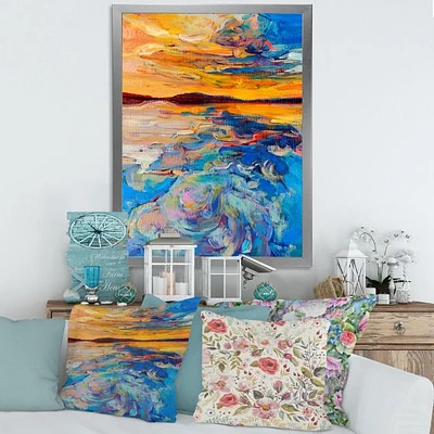 Orange Sunset Over Whirly Blue Waves  Canvas Wall Art Print