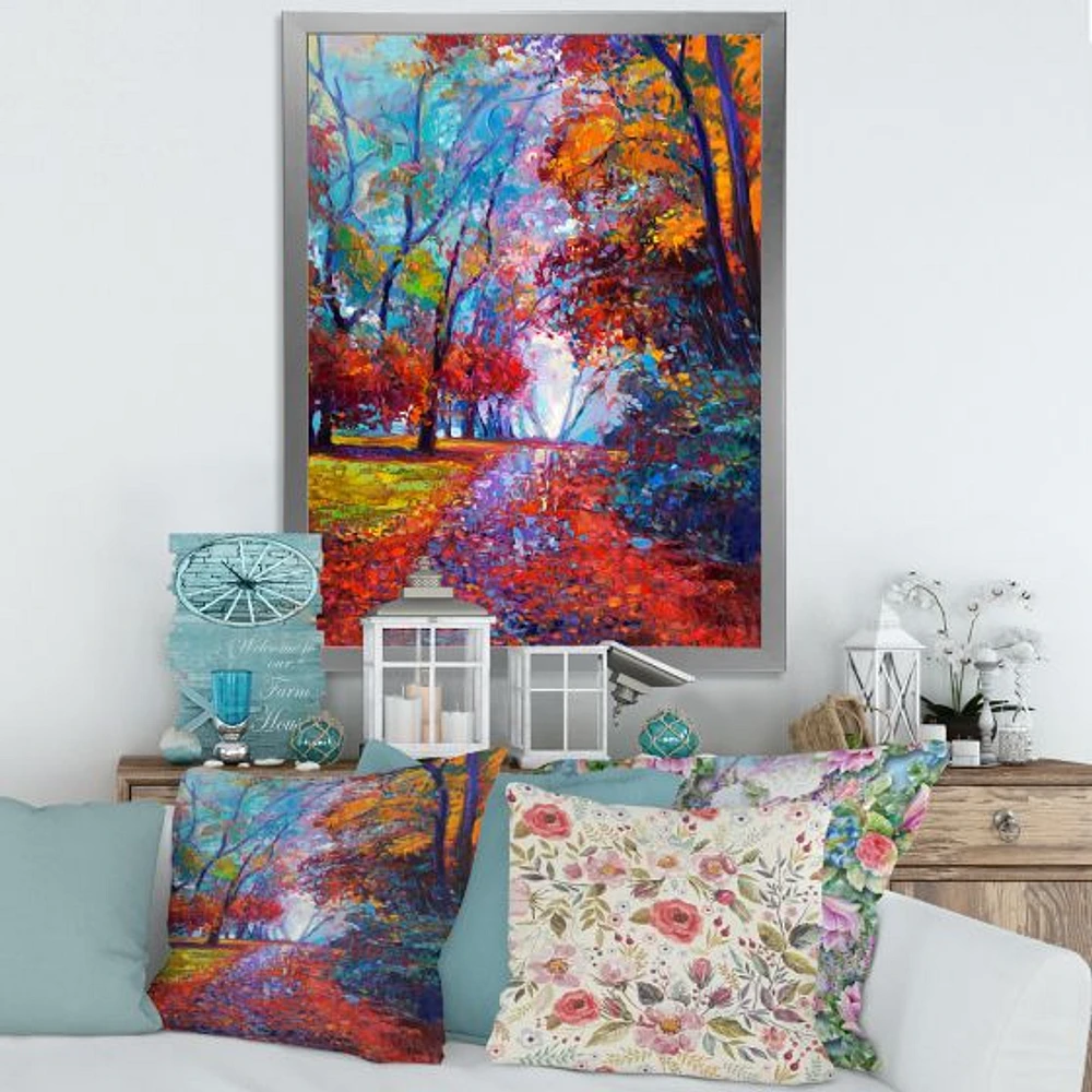 Little Road Through Red Autumn Landscape Wall Art