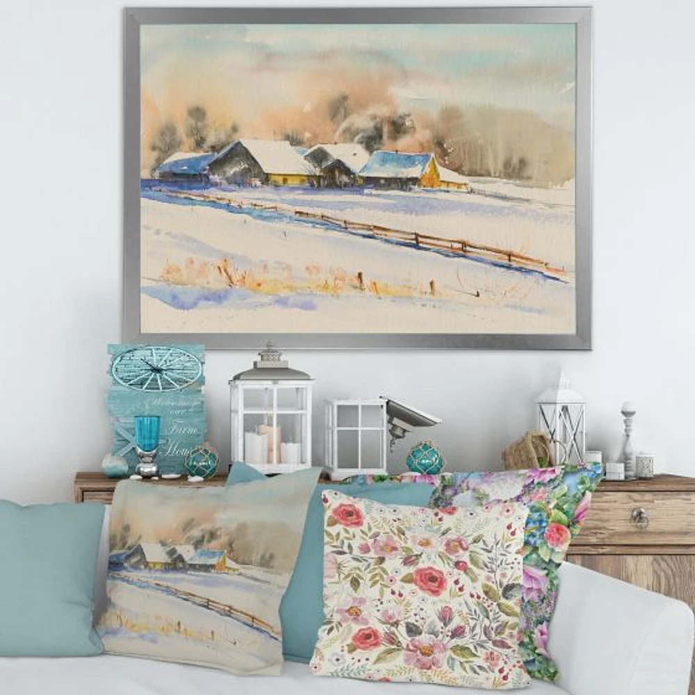 Small VIllage At Sunset Covered with Snow  Canvas Wall Art Print