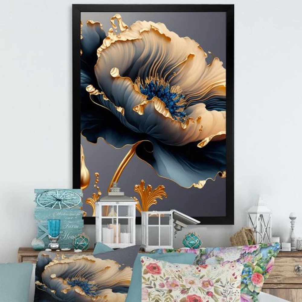 Deep Blue And Gold Single Flower VI Wall Art