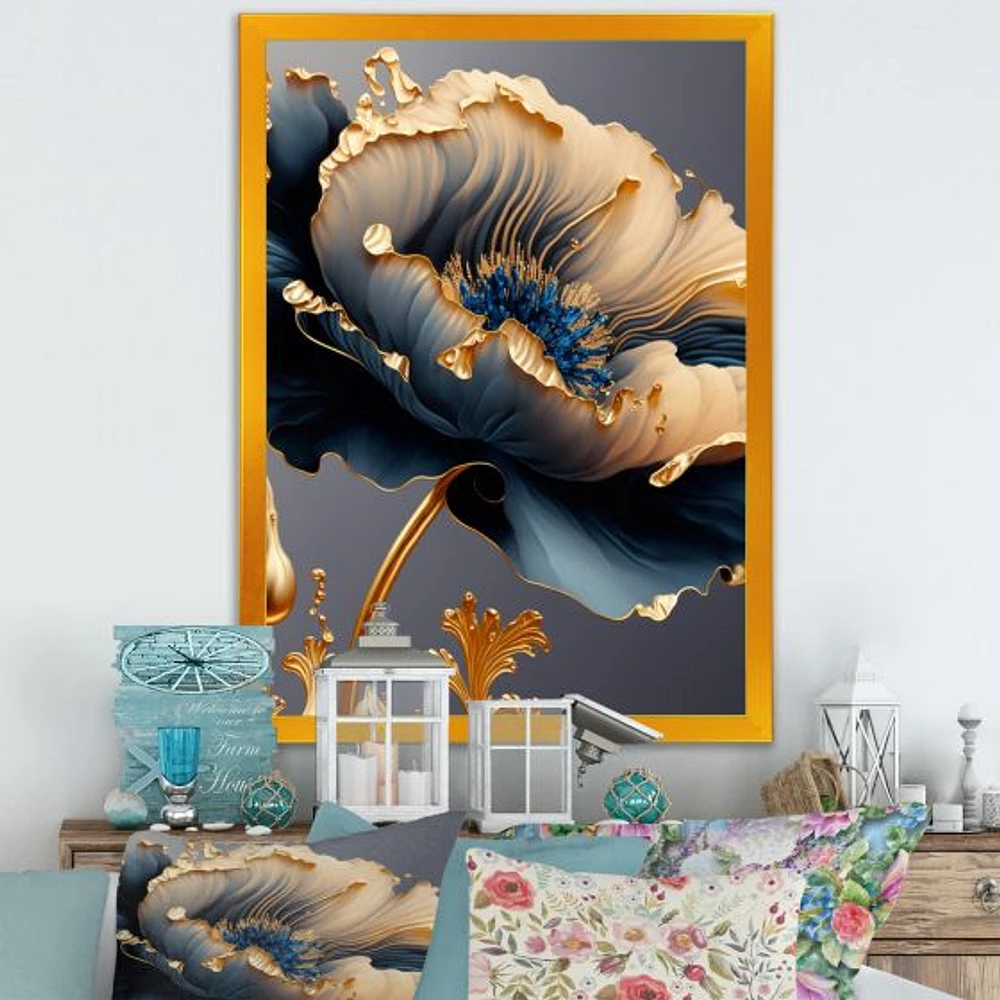 Deep Blue And Gold Single Flower VI Wall Art