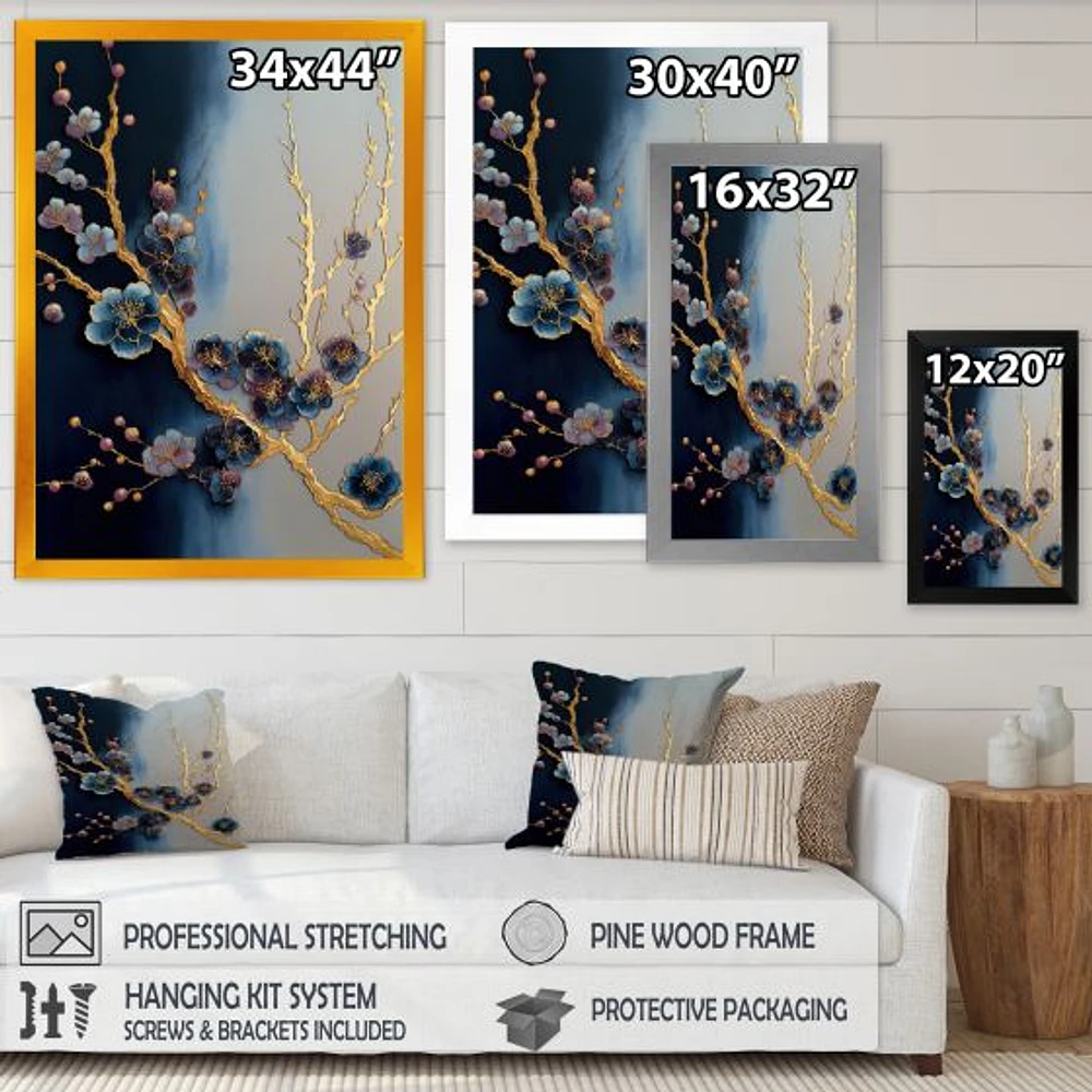 Blue and Gold Cherry Blossom Branch Wall Art