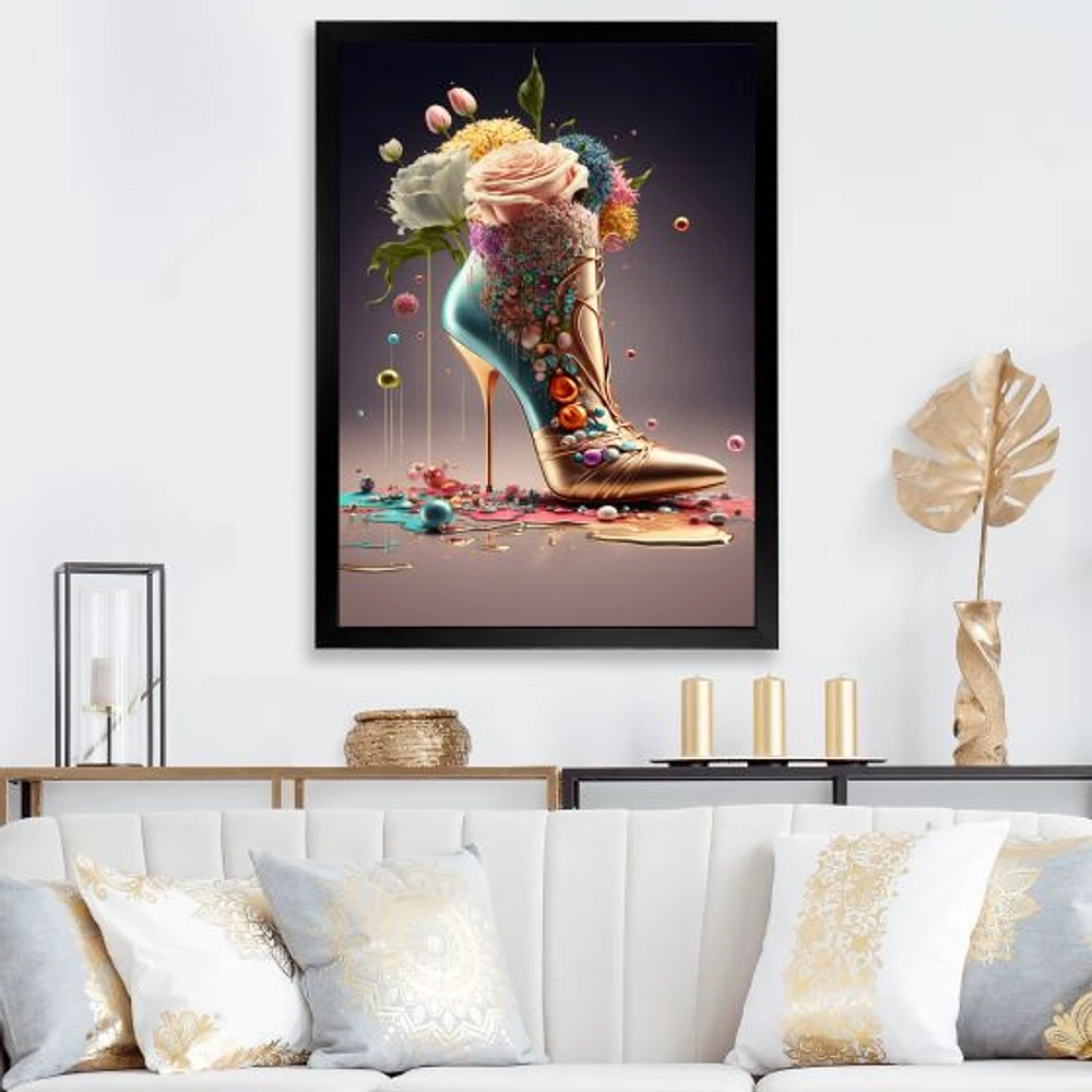 Gold Floral High Heel Shoes Wall Art