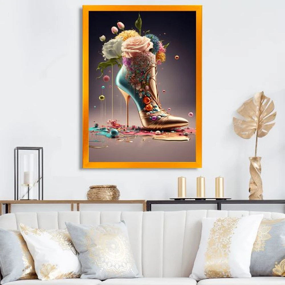 Gold Floral High Heel Shoes Wall Art