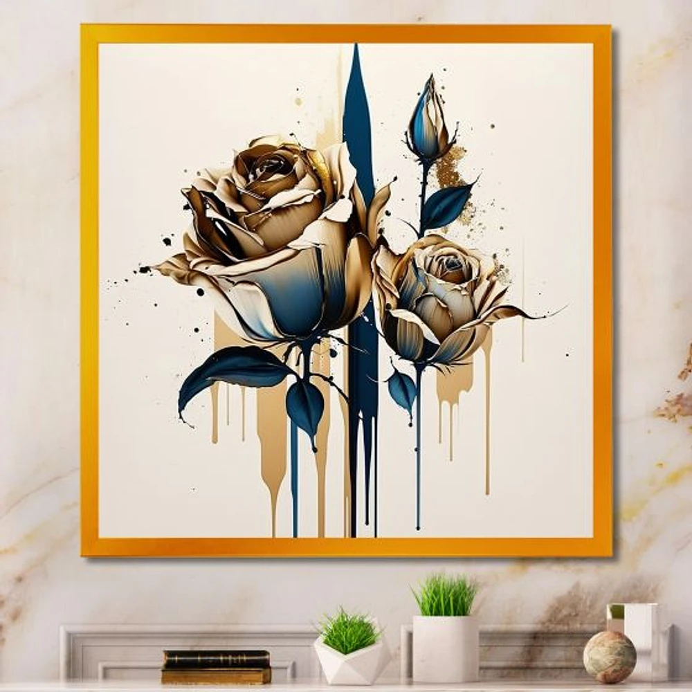 Roses Flow Flower On Golden Beige Paint V Wall Art