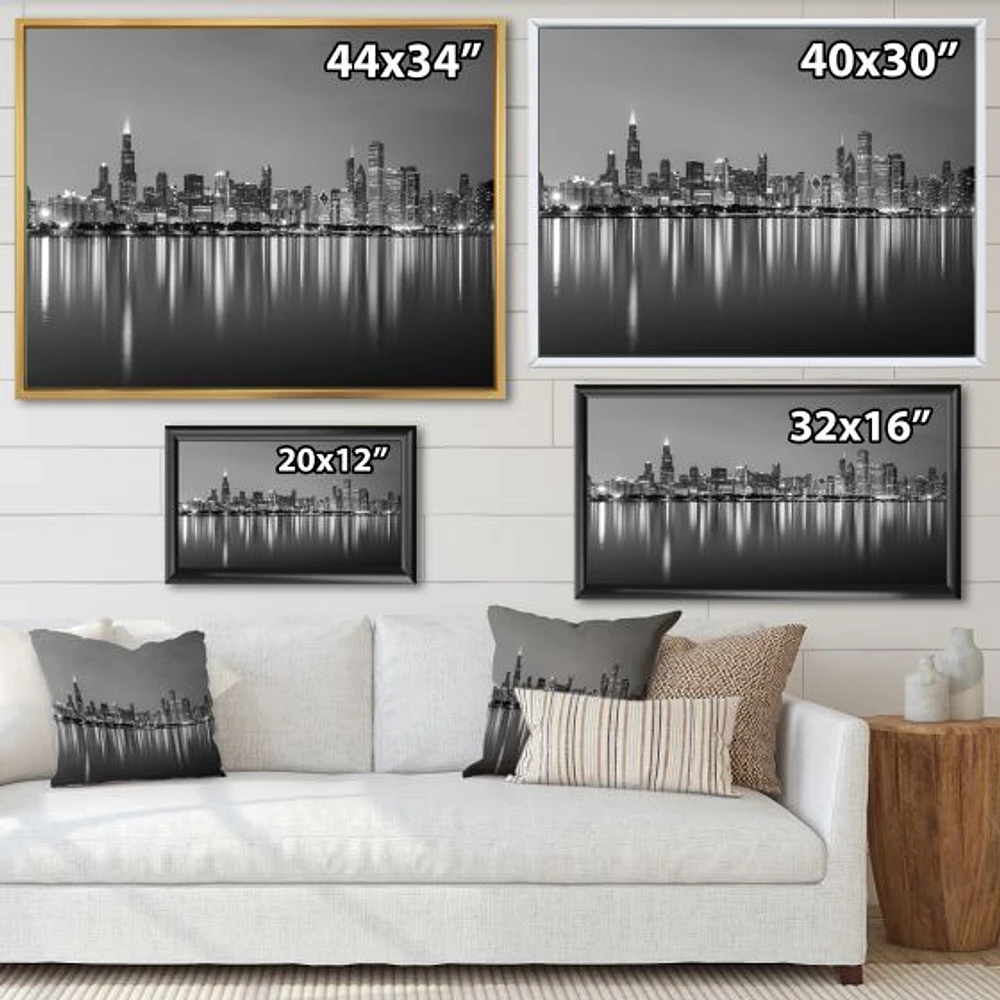 Chicago Skyline at Night Black and White  Wall Art