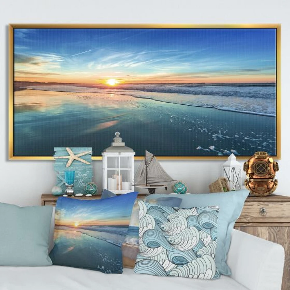 Blue Seashore with Distant Sunset  Canvas Wall Art