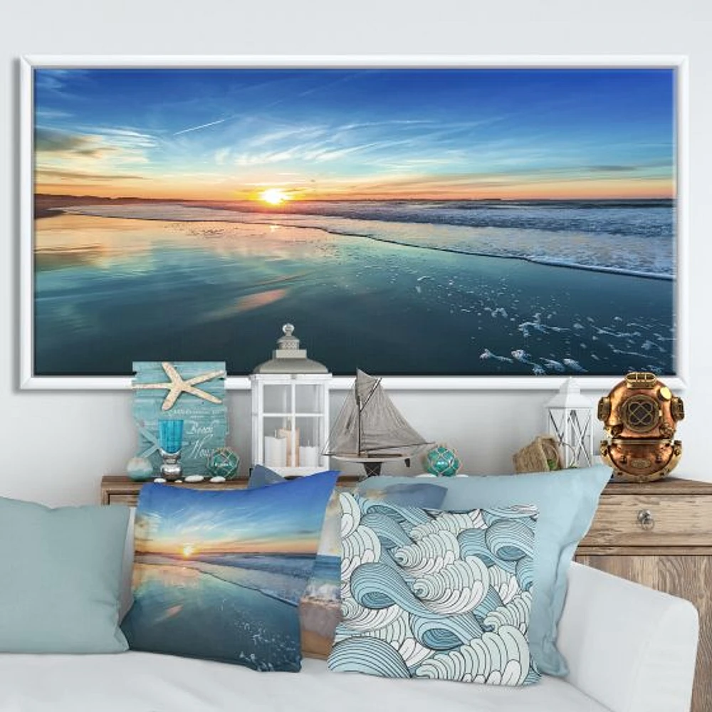 Blue Seashore with Distant Sunset  Canvas Wall Art