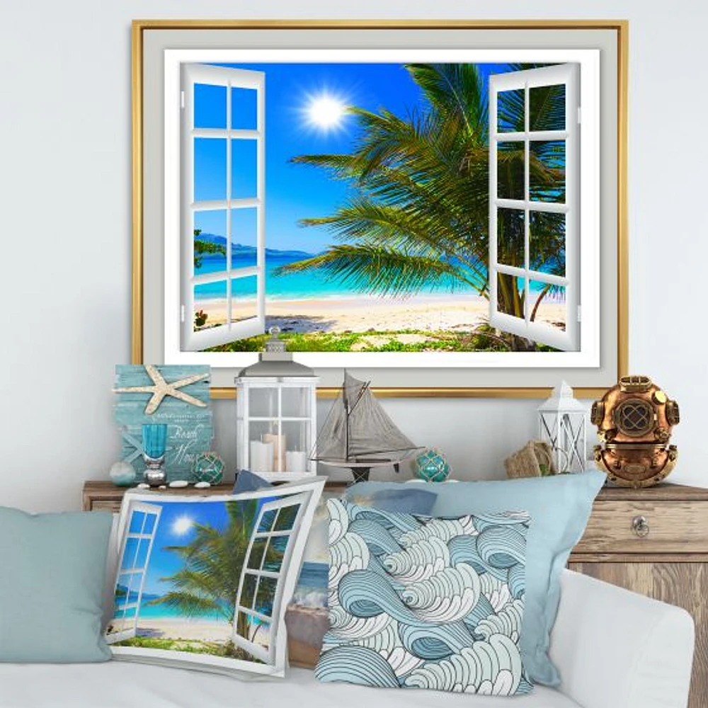 Window Open to Beach with Palm  Canvas Art