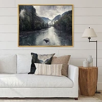 Mountain River with Fog and Rain  Canvas Art Print