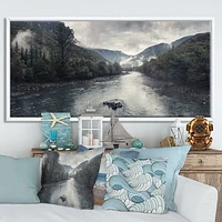 Mountain River with Fog and Rain  Canvas Art Print