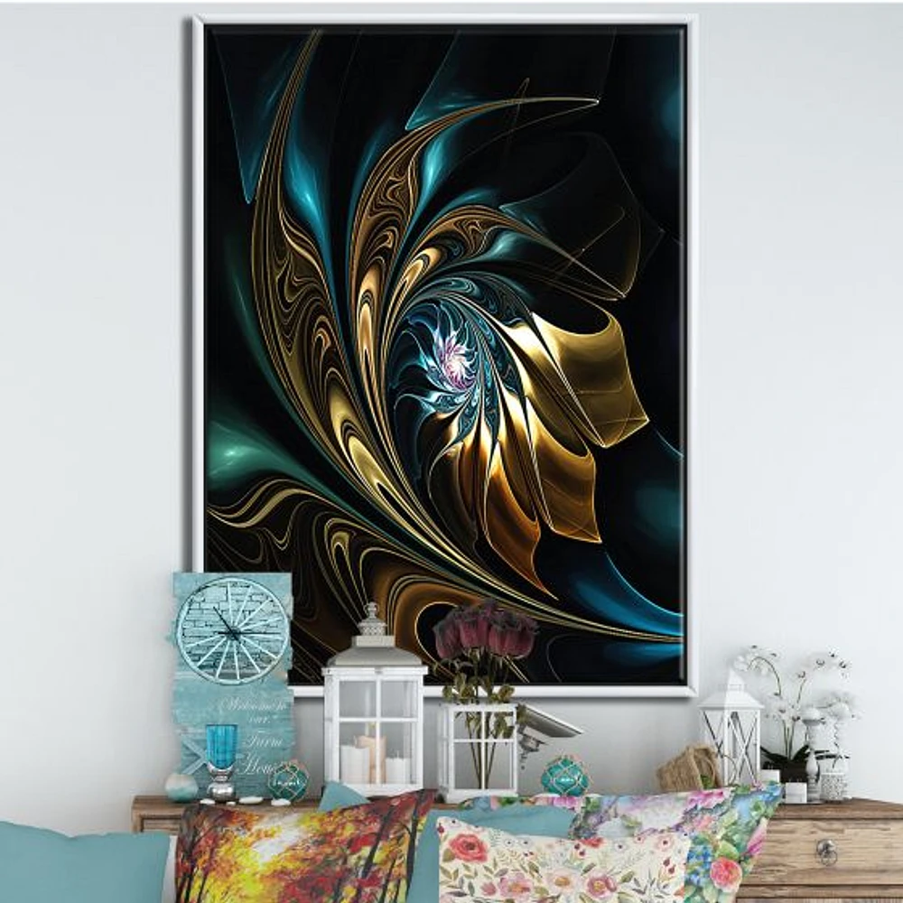 Brown Blue Fractal Flower Black  Canvas Art