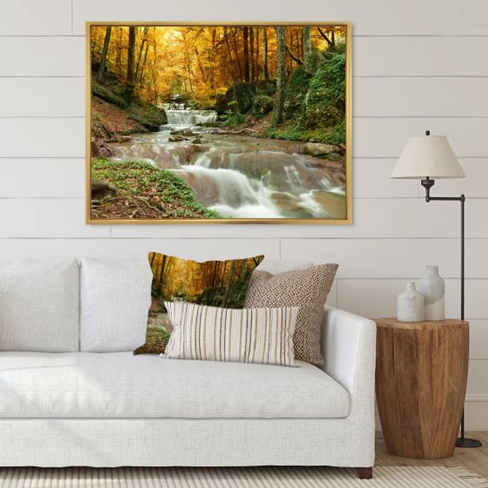 Forest Waterfall with Yellow Trees  Artwork Canvas Print