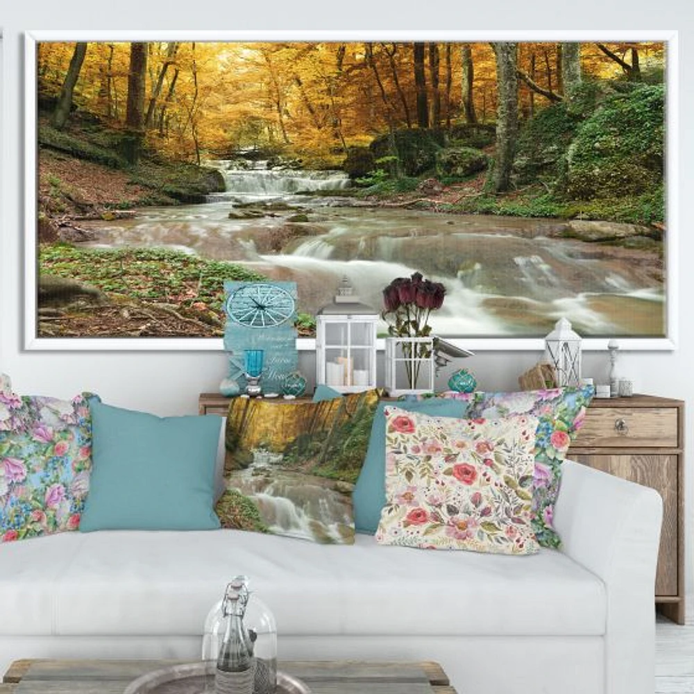 Forest Waterfall with Yellow Trees  Artwork Canvas Print