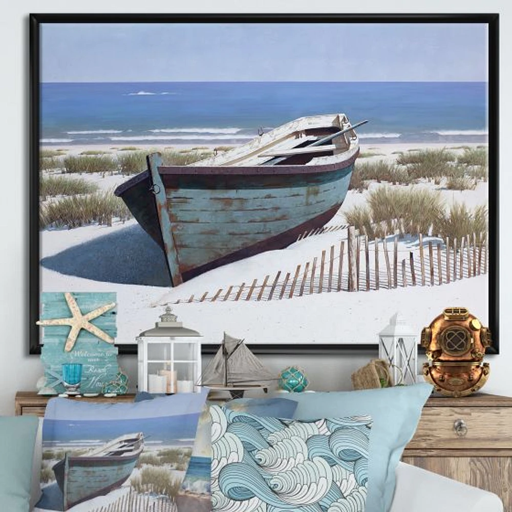 Blue Boat on Beach  Canvas Wall Art Print