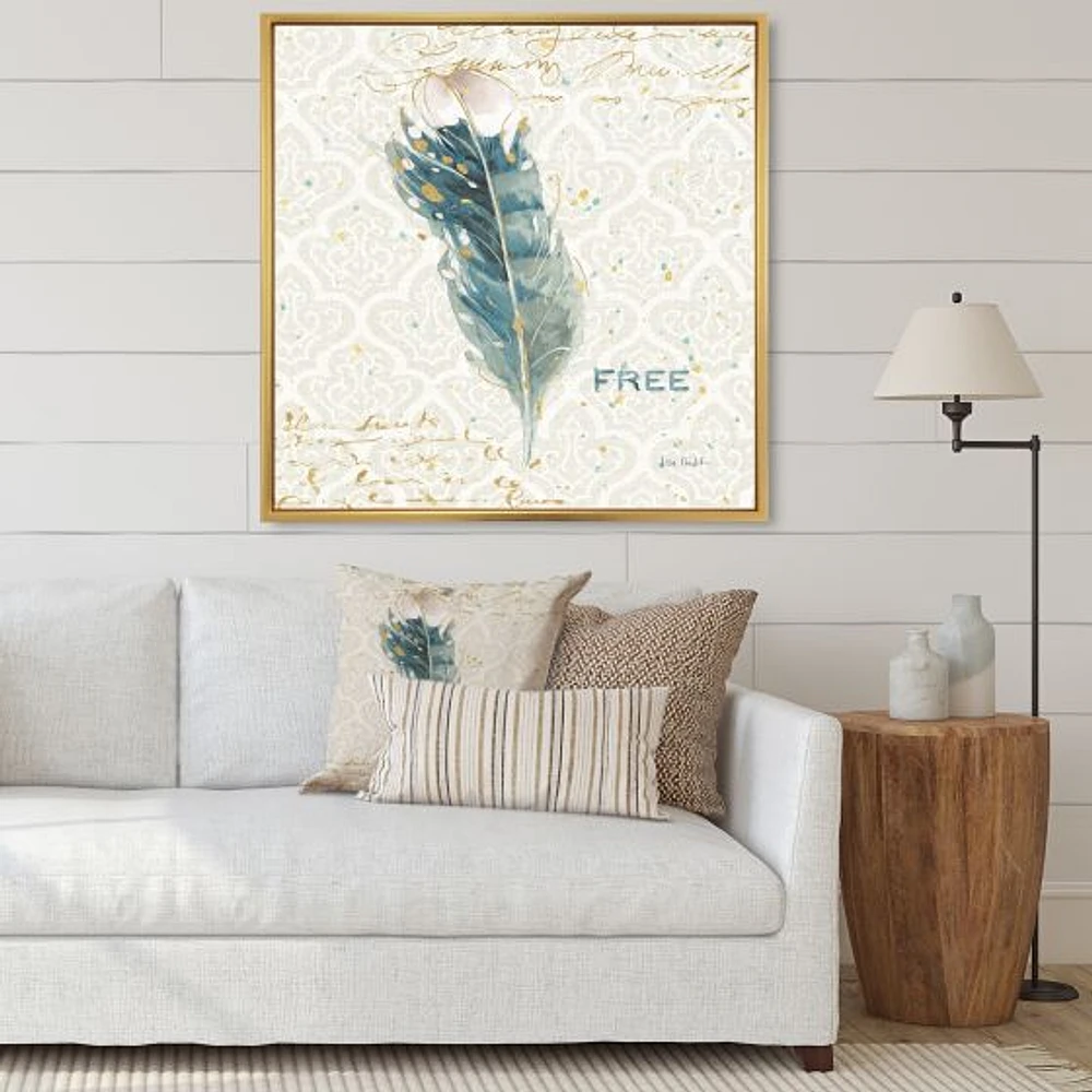 Damask Painted Gilded Feather on Blue  Canvas Art