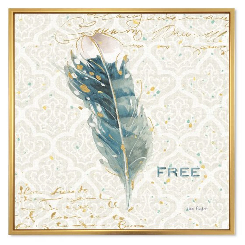 Damask Painted Gilded Feather on Blue  Canvas Art