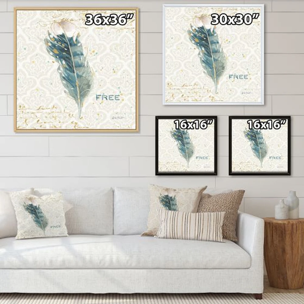 Damask Painted Gilded Feather on Blue  Canvas Art