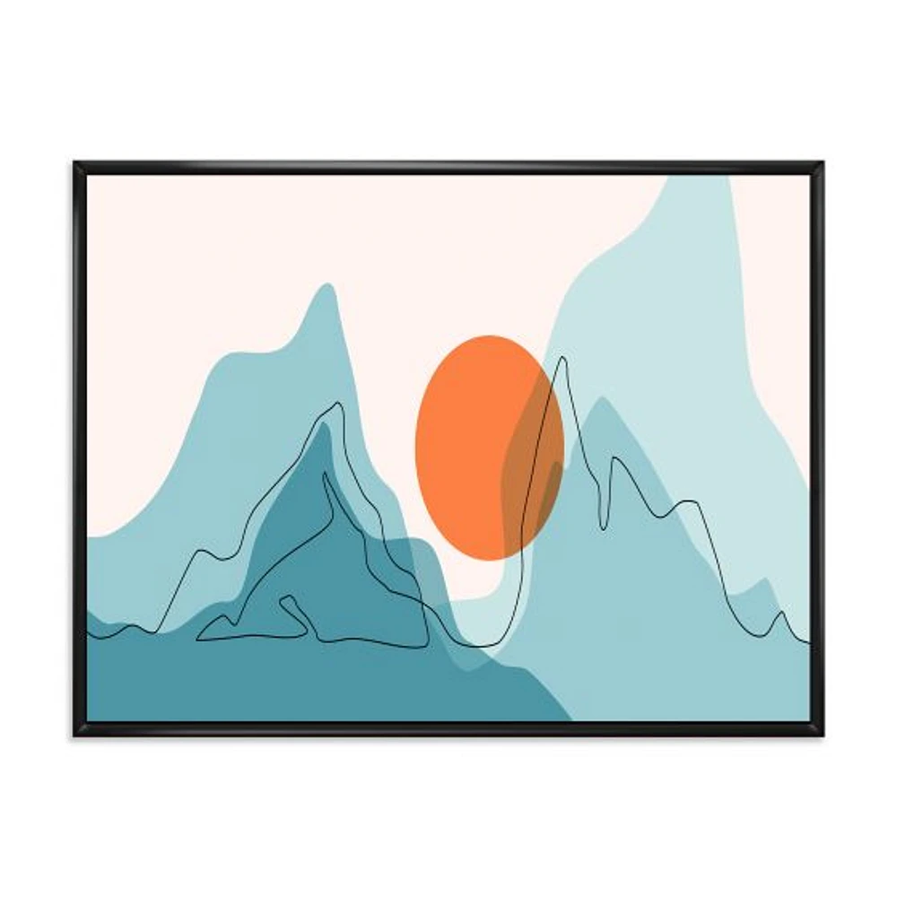 Red Moon Over Abstract Blue Mountains I  Wall Art