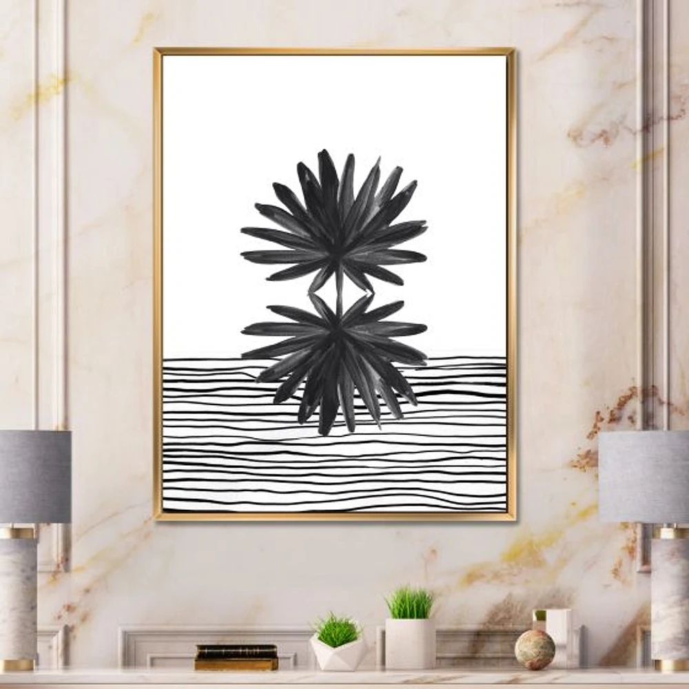 Toile « Black and White Tropical Leaf on Striped II »