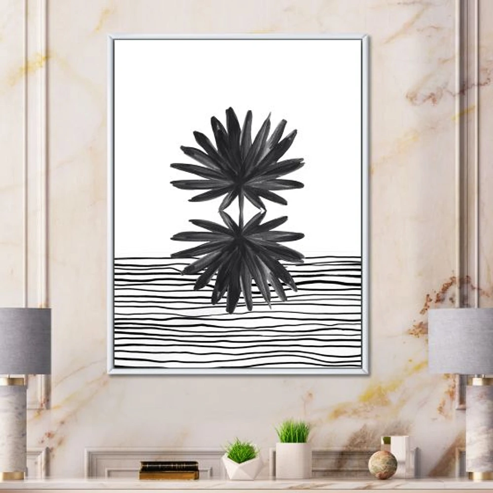 Toile « Black and White Tropical Leaf on Striped II »