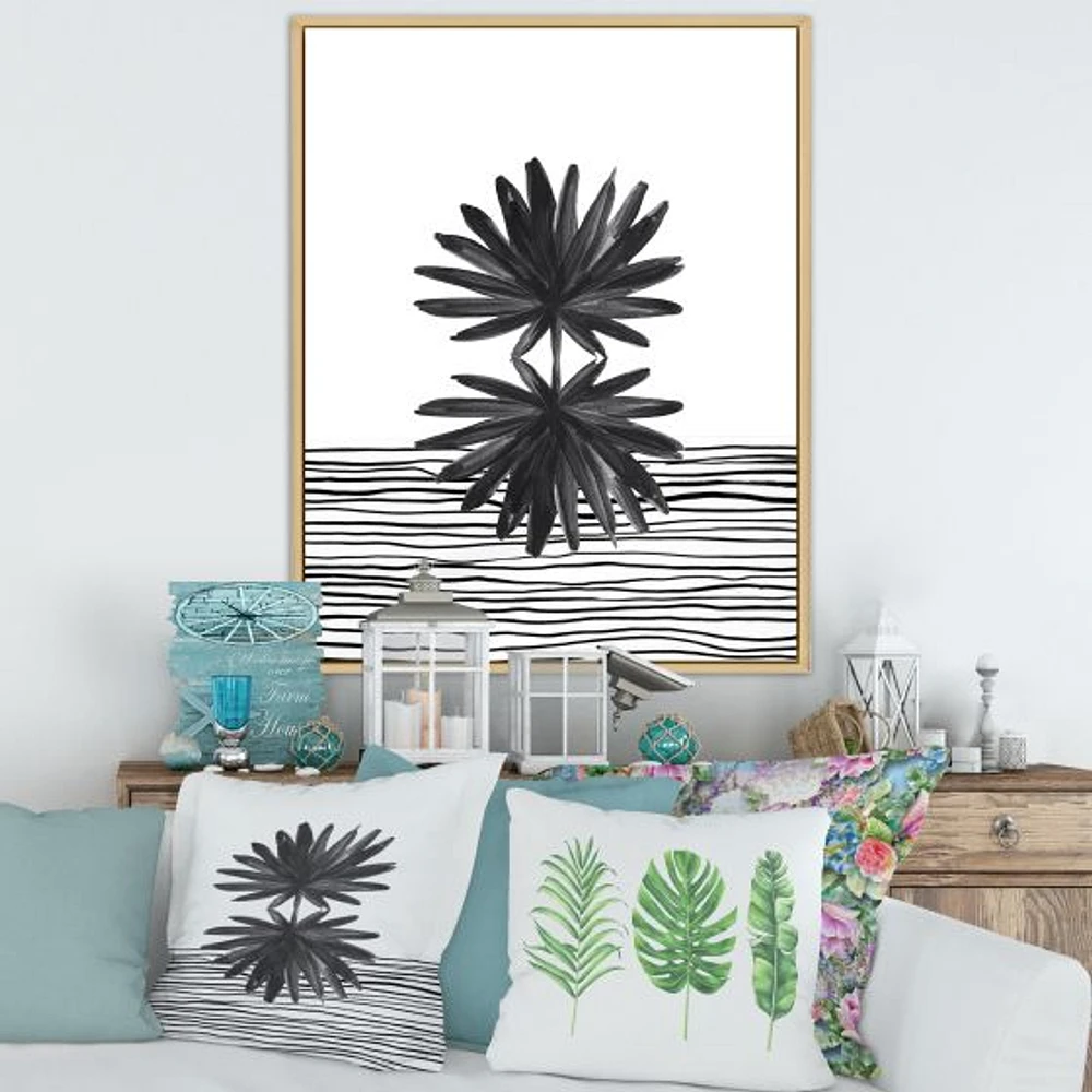 Toile « Black and White Tropical Leaf on Striped II »