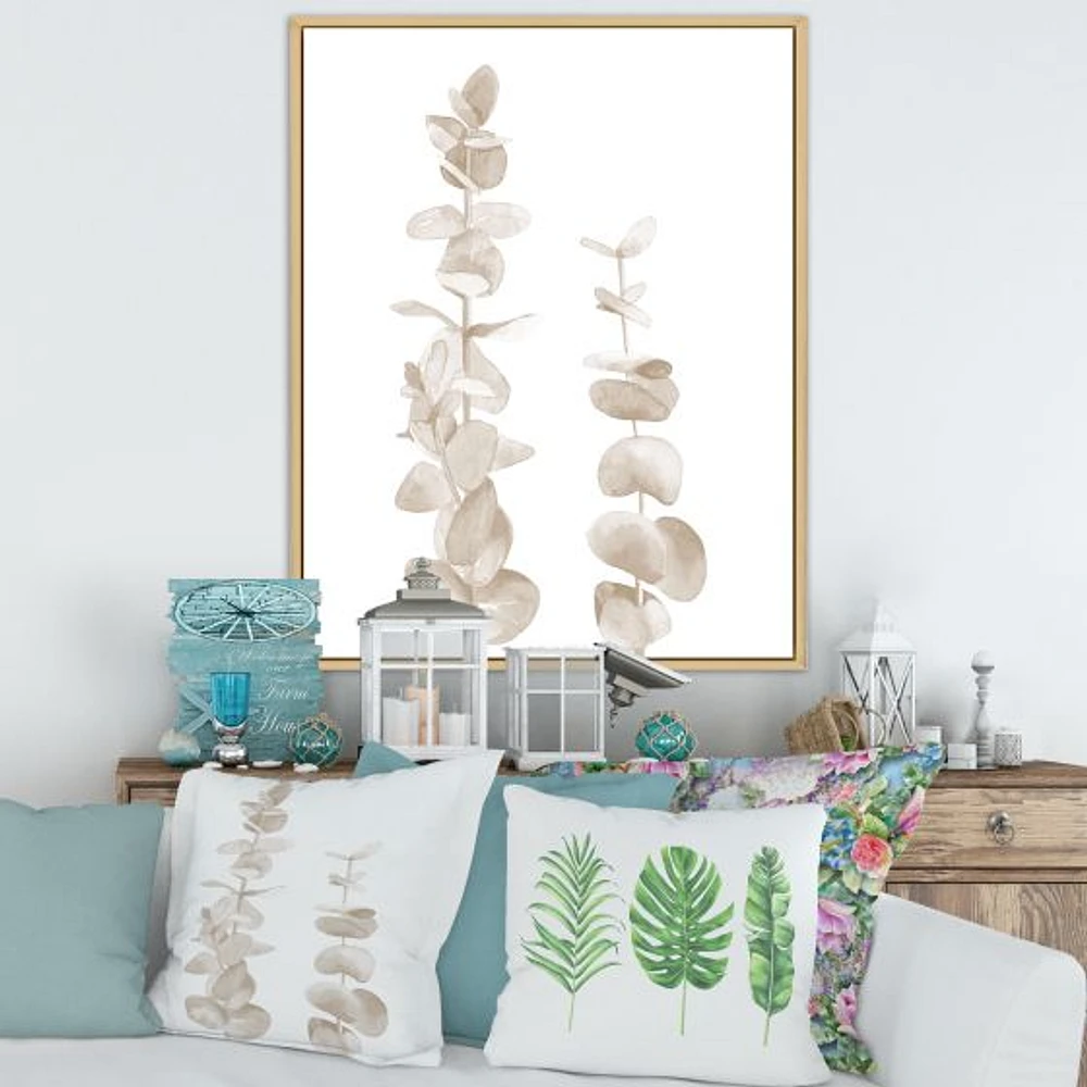 Beige Eucalyptus Branches on White  Wall Art